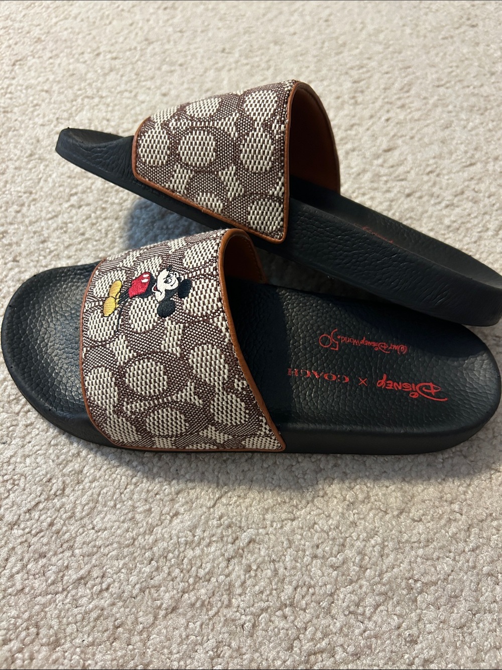 Coach Brown Signature Mickey Slide Sandals with Black Footbed - Picture 1 of 3
